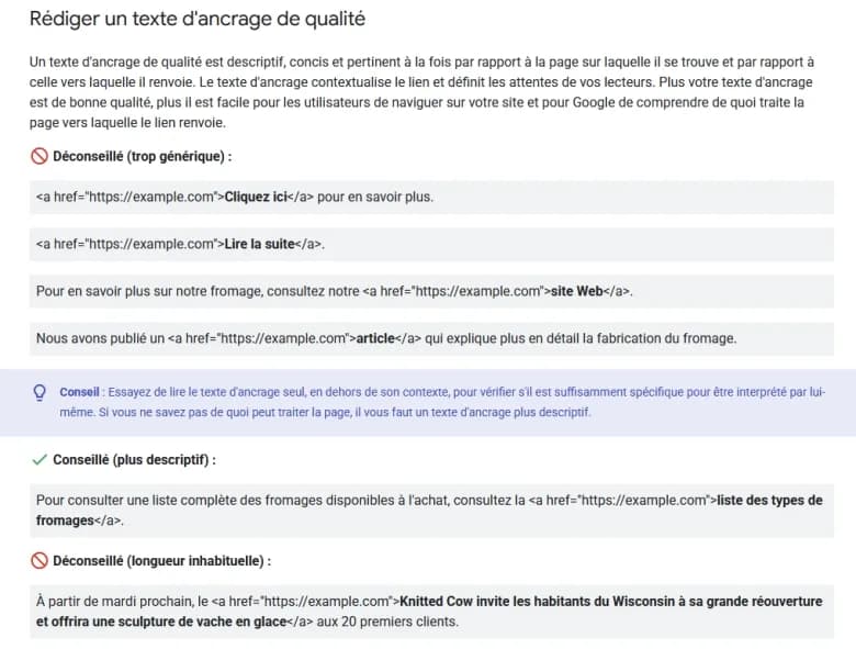 Recommandations de Google sur le texte d’ancrage