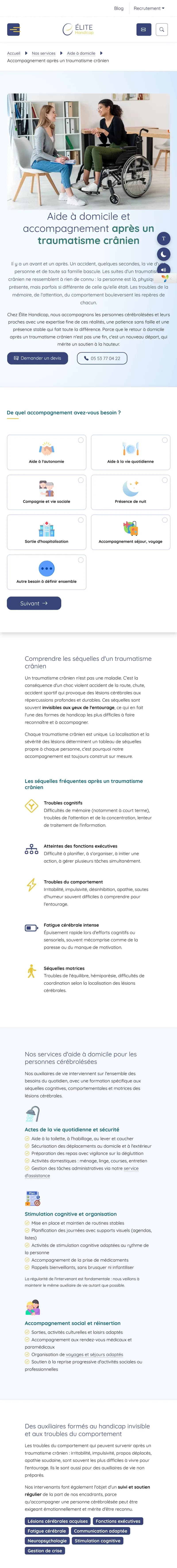 Site Elite Handicap sur mobile, page traumatisme crânien