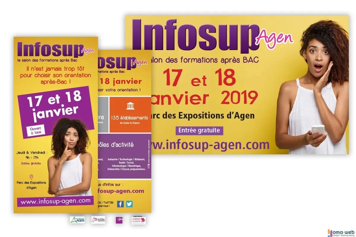Flyers et affiches Infosup Agen : salon des formations et métiers après Bac