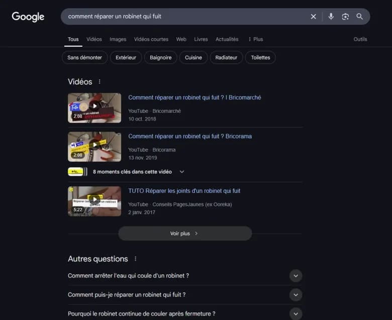 Résultats Google pour « comment réparer un robinet qui fuit »
