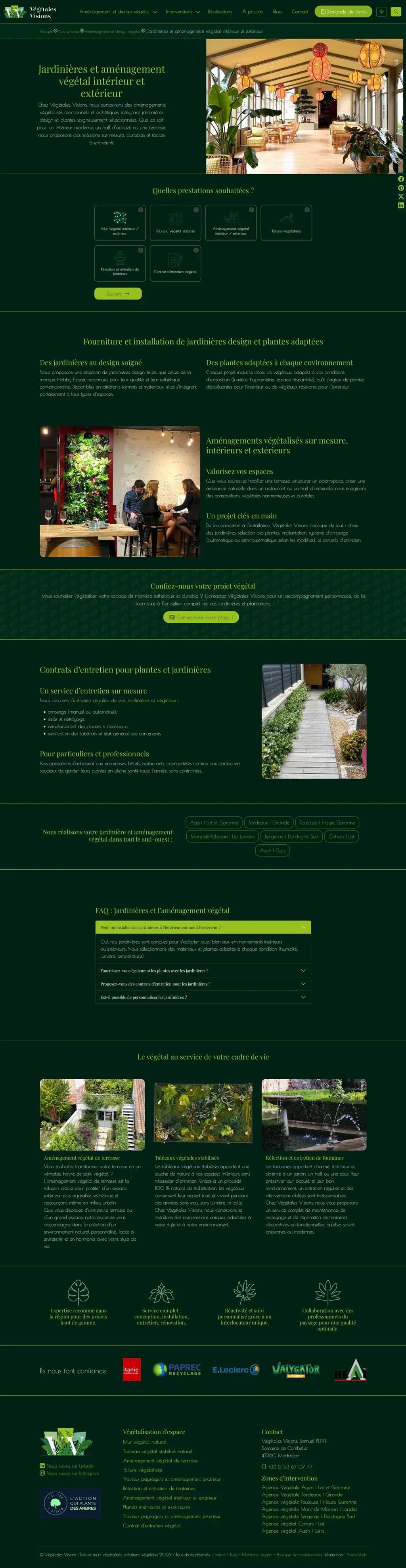 Page jardinières et aménagement végétal, thème sombre